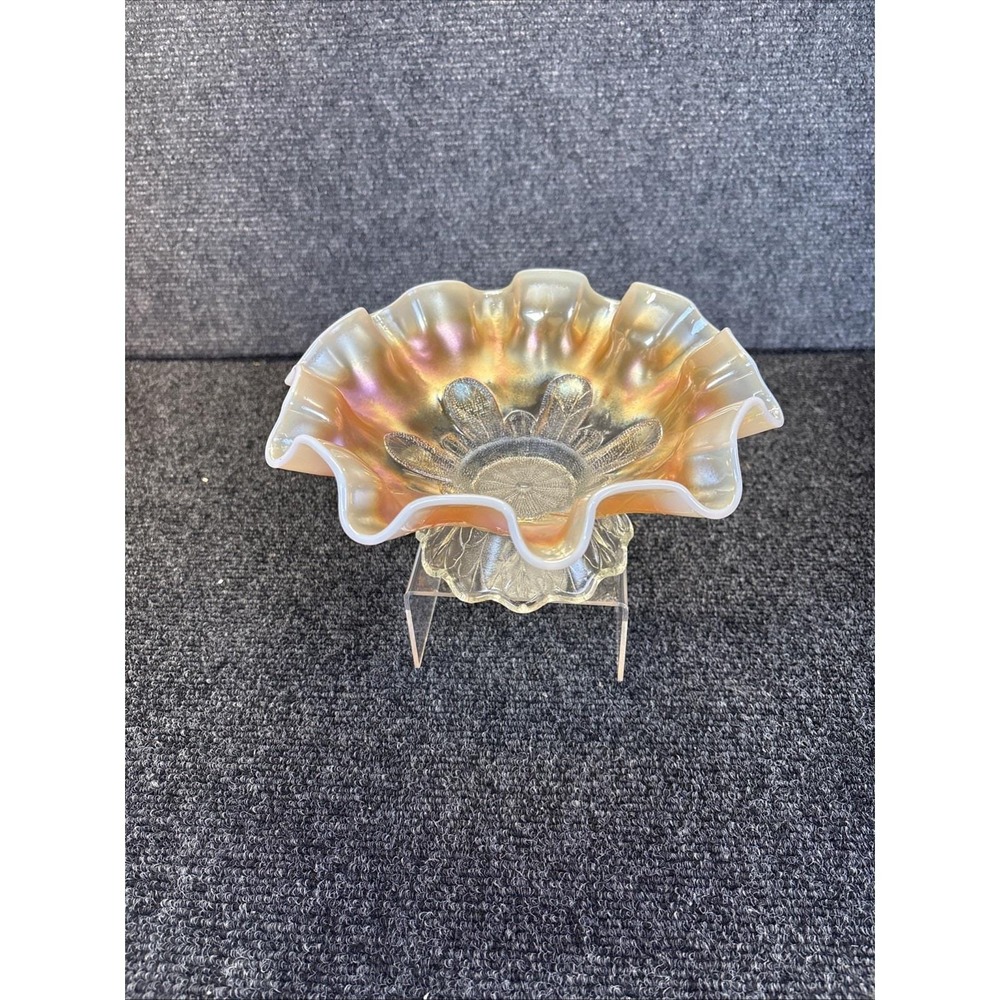 Vtg~Carnival Glass~Dugan Clear Glass Peach Opalescent Bowl w Leaf Pedestal